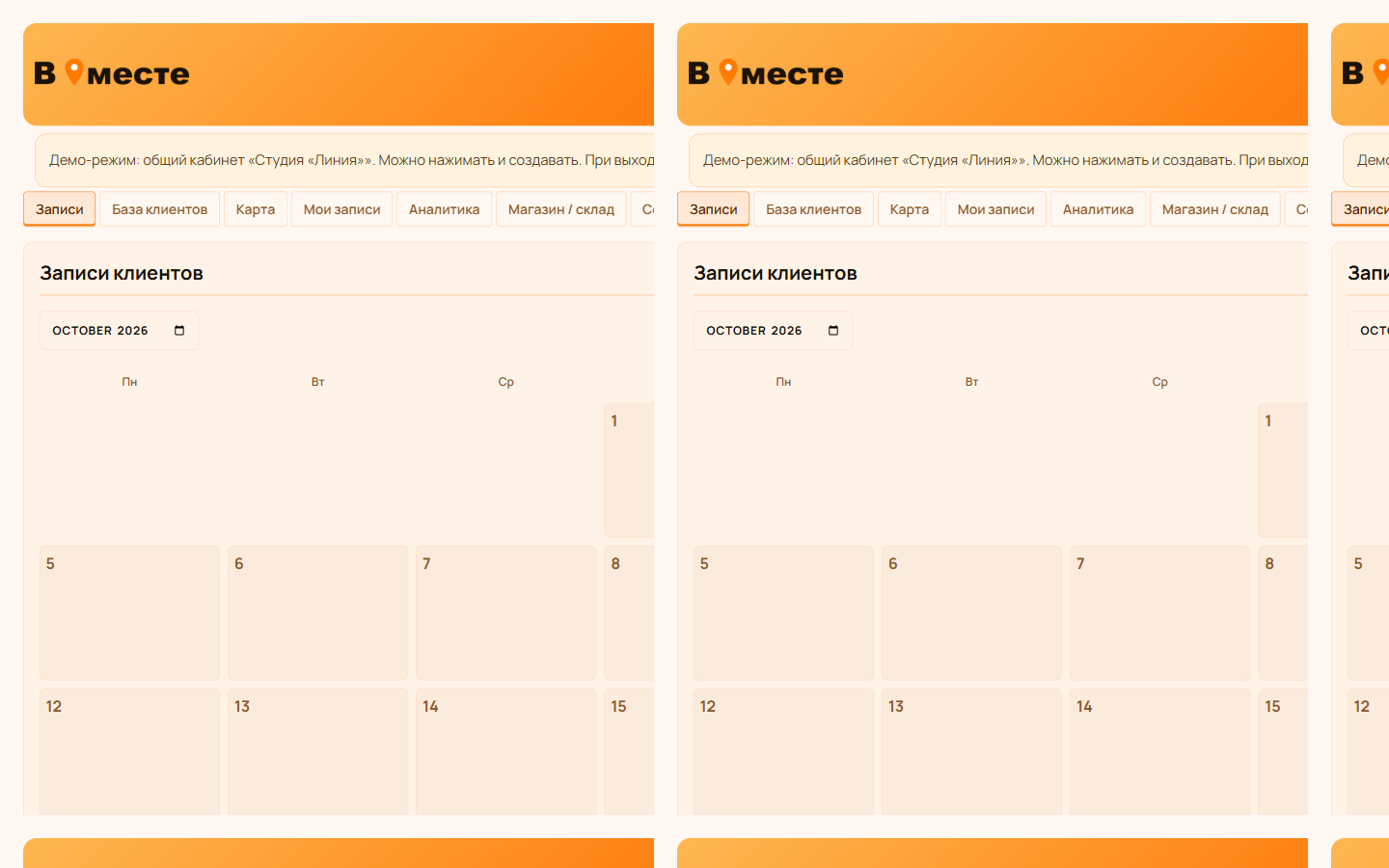 Календарь записей клиентов в кабинете Вместе